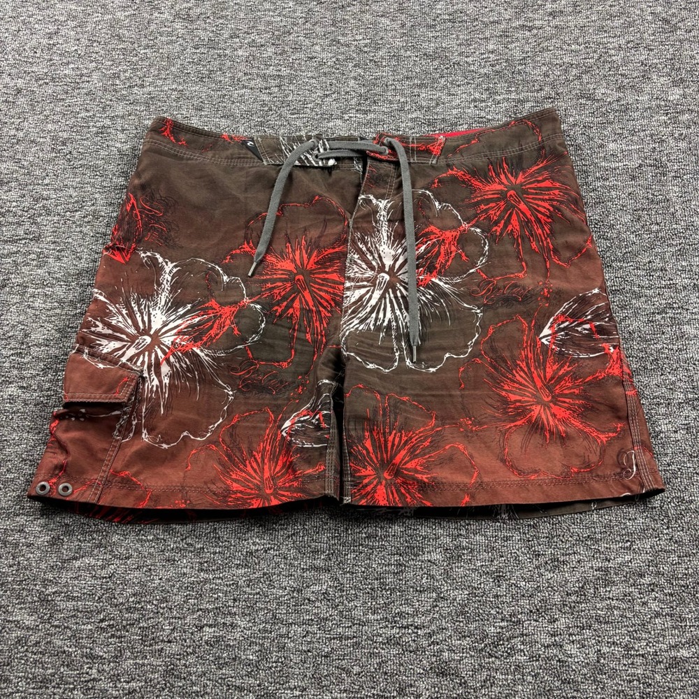 Y2K 2000s Rip Curl Surf Floral 7 Inch Board Shorts Brown/Red Size 38